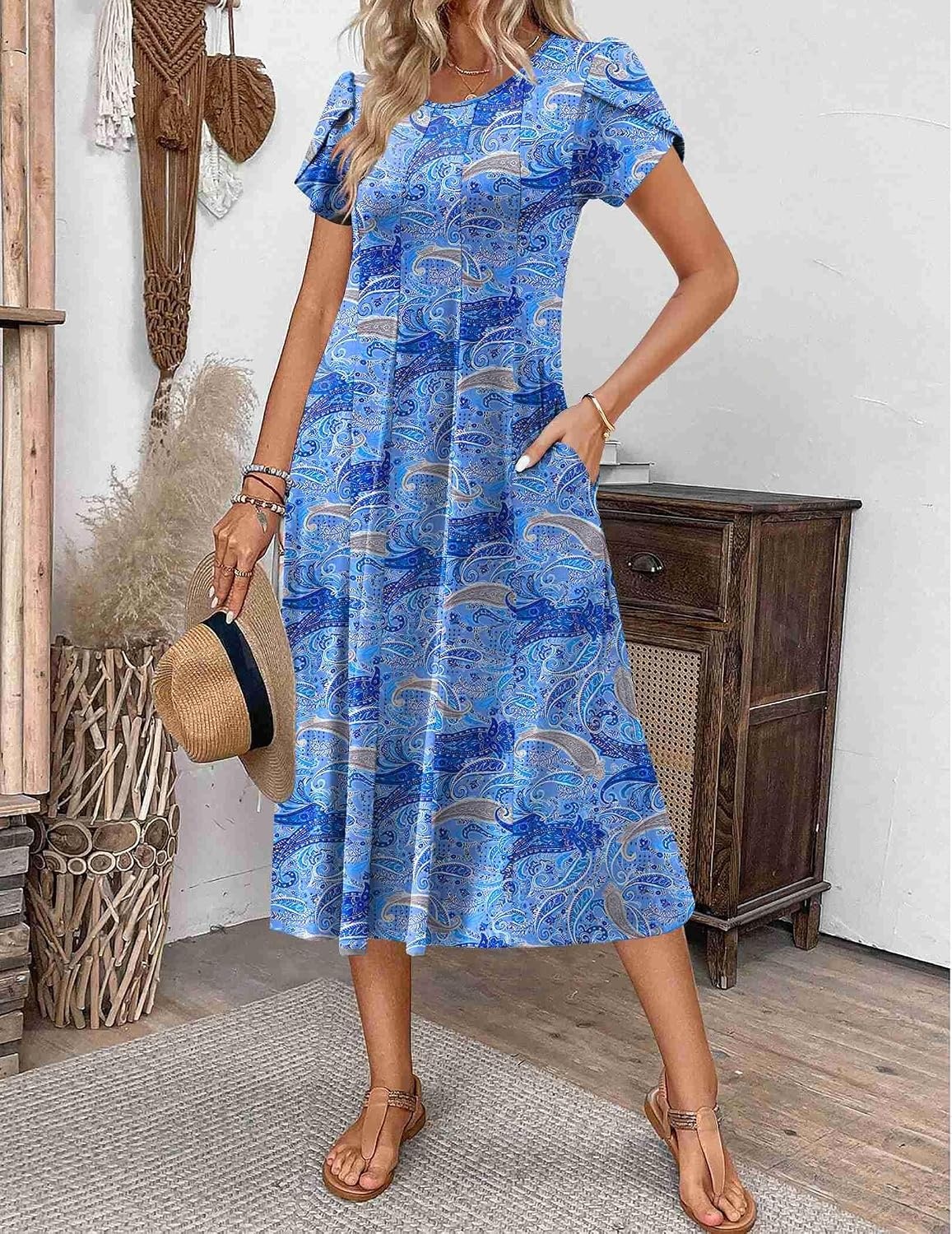 image:imageZEAGOO Womens Casual Dresses for Summer Short Sleeve Flare Midi Dress Loose Flowy Beach SundressCashew Blue Print