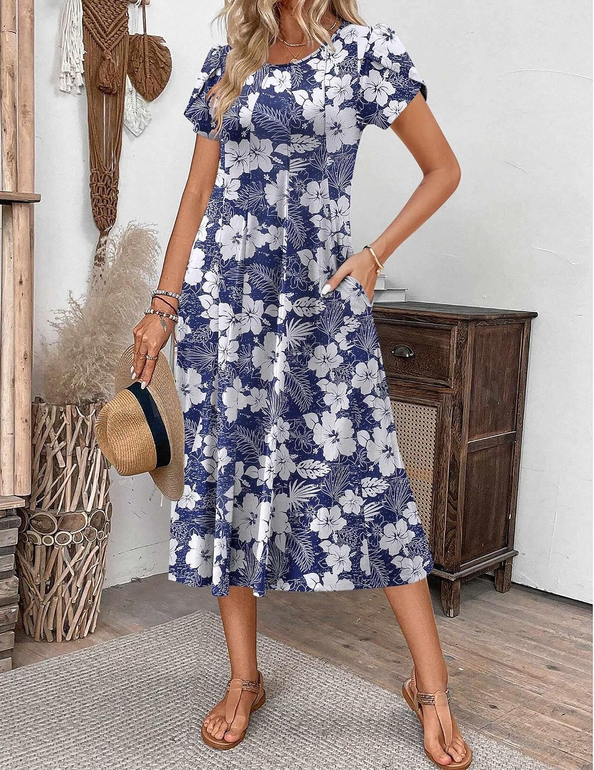 image:imageZEAGOO Womens Casual Dresses for Summer Short Sleeve Flare Midi Dress Loose Flowy Beach SundressDeep Blue Flower