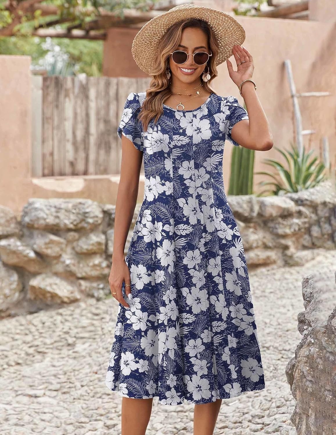 image:imageZEAGOO Womens Casual Dresses for Summer Short Sleeve Flare Midi Dress Loose Flowy Beach SundressDeep Blue Flower