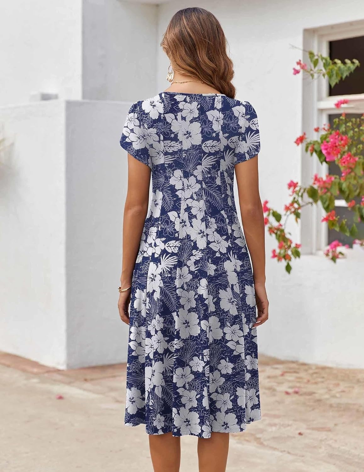 image:imageZEAGOO Womens Casual Dresses for Summer Short Sleeve Flare Midi Dress Loose Flowy Beach SundressDeep Blue Flower