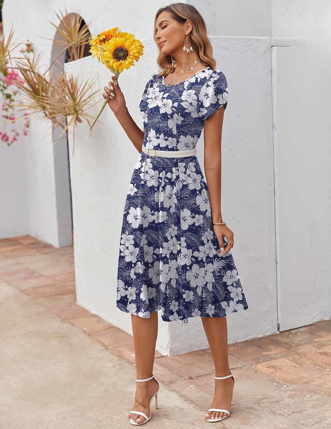 image:imageZEAGOO Womens Casual Dresses for Summer Short Sleeve Flare Midi Dress Loose Flowy Beach SundressDeep Blue Flower