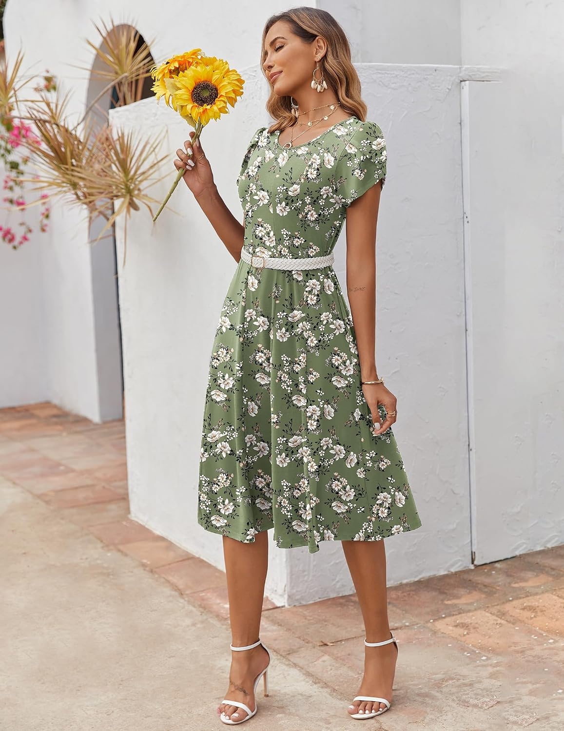 image:imageZEAGOO Womens Casual Dresses for Summer Short Sleeve Flare Midi Dress Loose Flowy Beach SundressGreen Floral