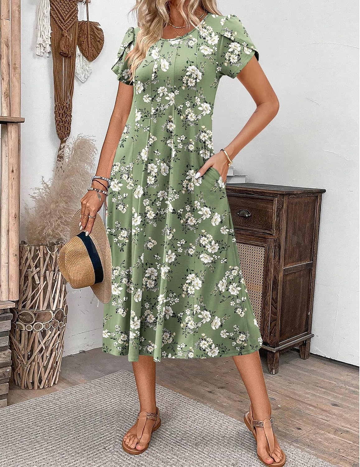 image:imageZEAGOO Womens Casual Dresses for Summer Short Sleeve Flare Midi Dress Loose Flowy Beach SundressGreen Floral
