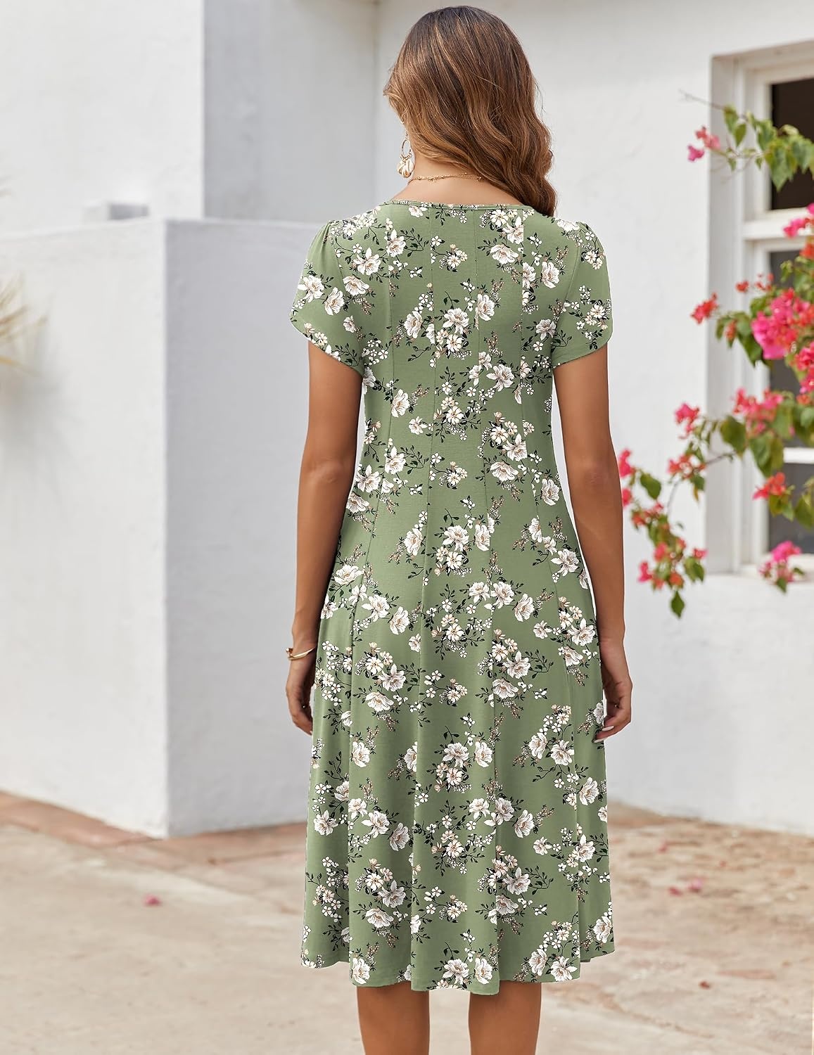 image:imageZEAGOO Womens Casual Dresses for Summer Short Sleeve Flare Midi Dress Loose Flowy Beach SundressGreen Floral