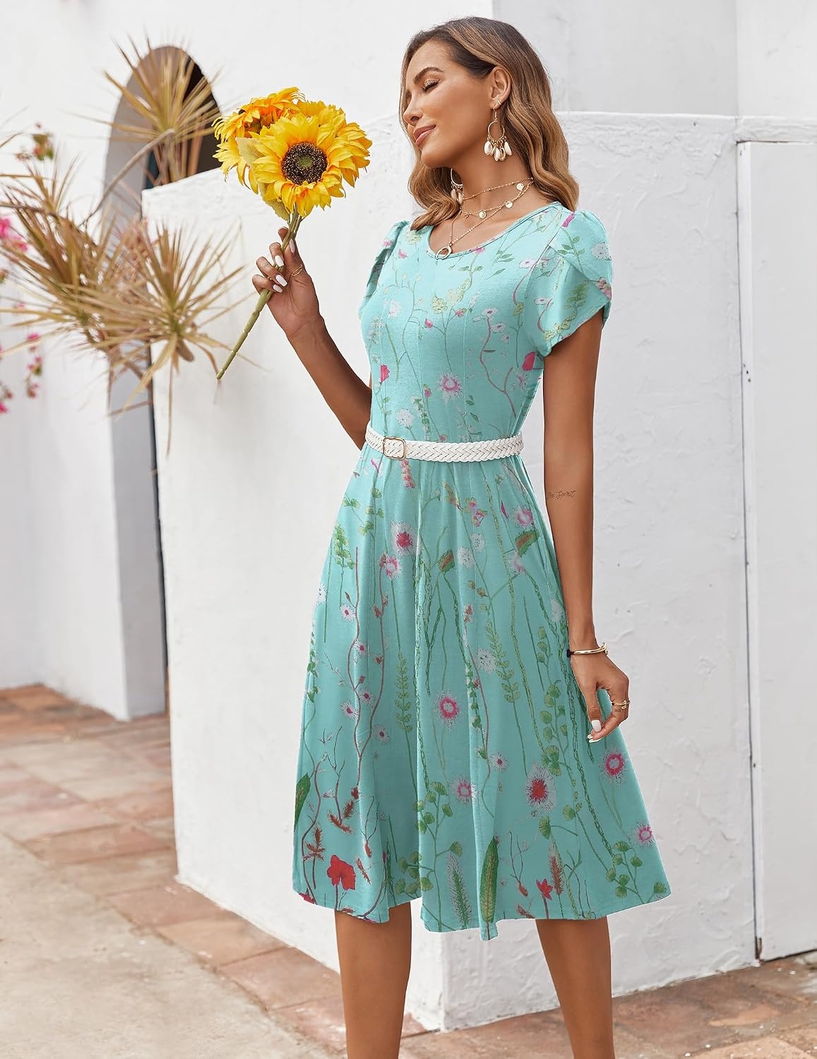 image:imageZEAGOO Womens Casual Dresses for Summer Short Sleeve Flare Midi Dress Loose Flowy Beach SundressGreen Flower