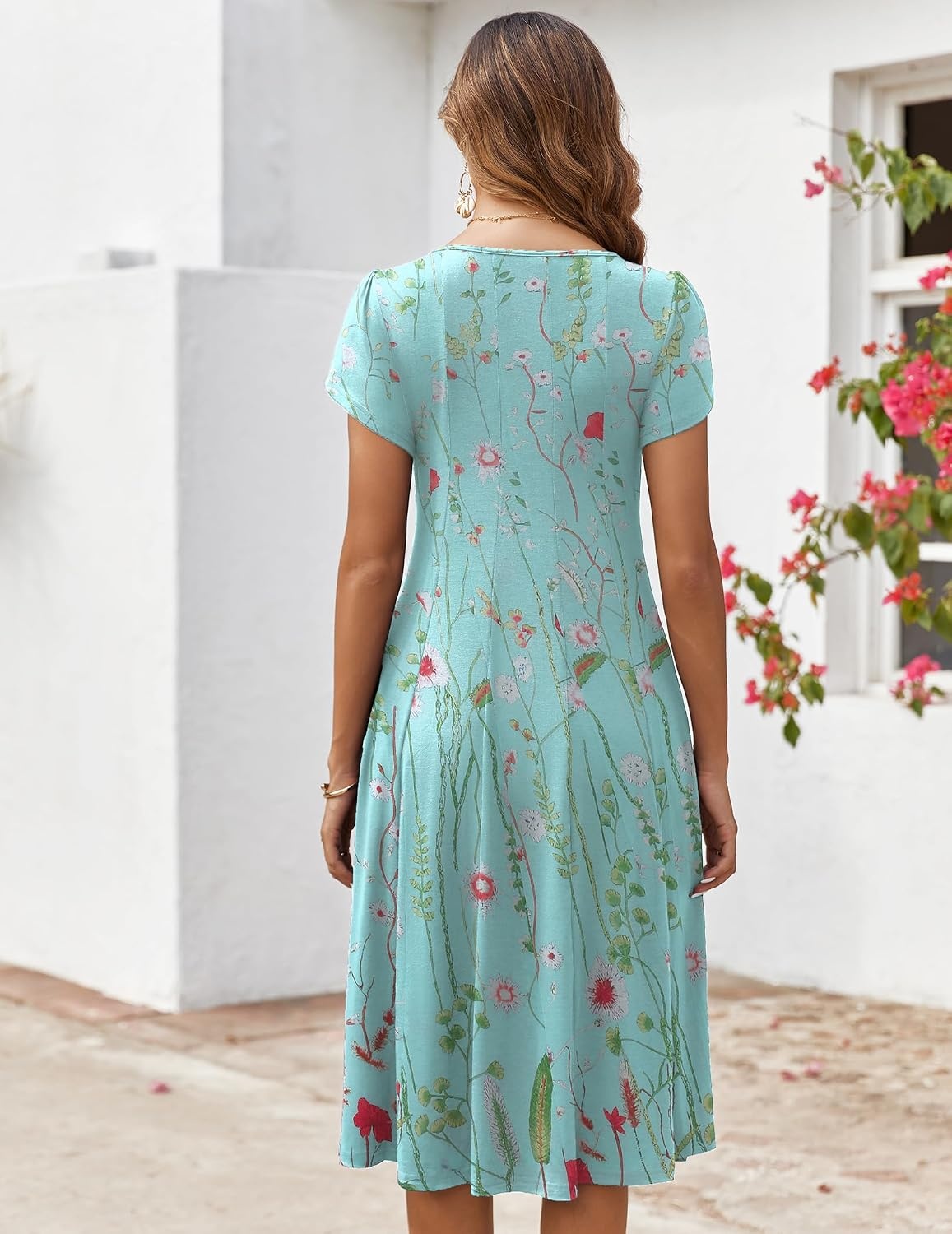 image:imageZEAGOO Womens Casual Dresses for Summer Short Sleeve Flare Midi Dress Loose Flowy Beach SundressGreen Flower