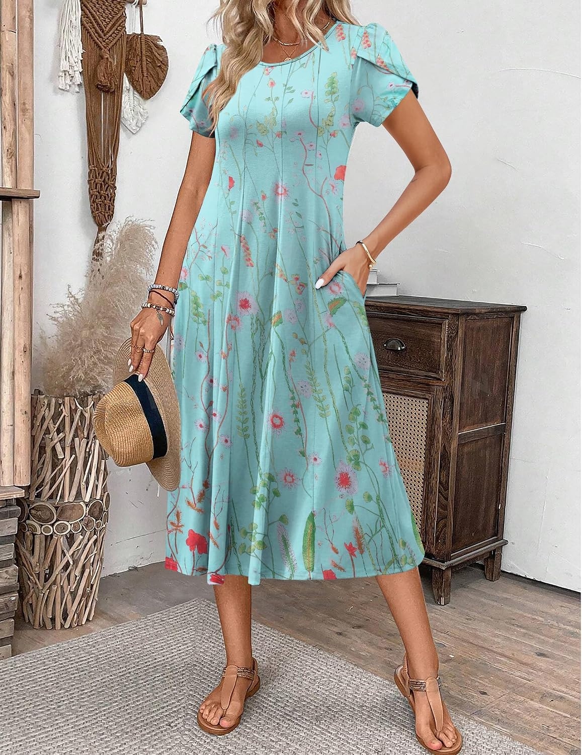 image:imageZEAGOO Womens Casual Dresses for Summer Short Sleeve Flare Midi Dress Loose Flowy Beach SundressGreen Flower