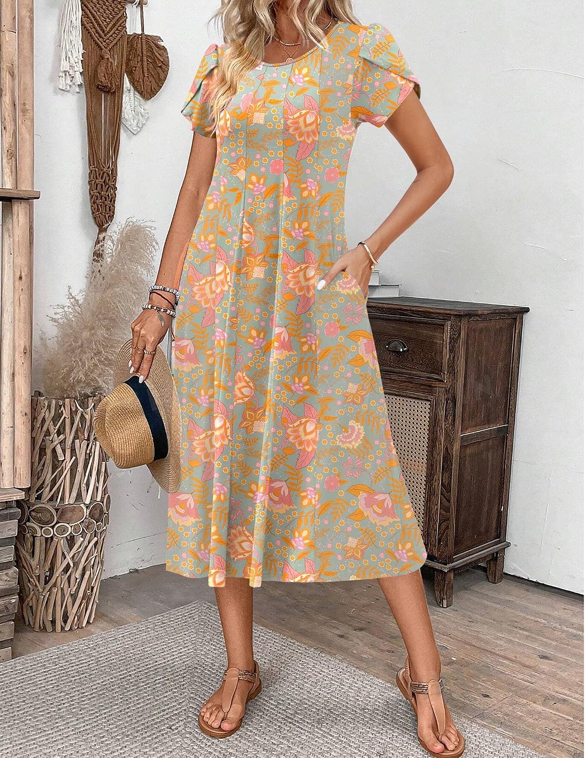 image:imageZEAGOO Womens Casual Dresses for Summer Short Sleeve Flare Midi Dress Loose Flowy Beach SundressGreygreen