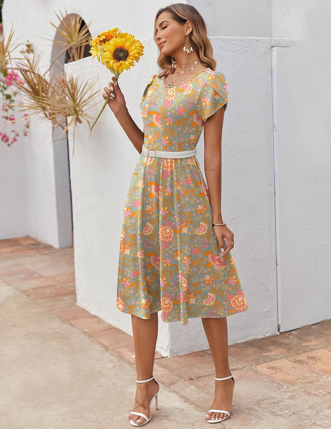 image:imageZEAGOO Womens Casual Dresses for Summer Short Sleeve Flare Midi Dress Loose Flowy Beach SundressGreygreen