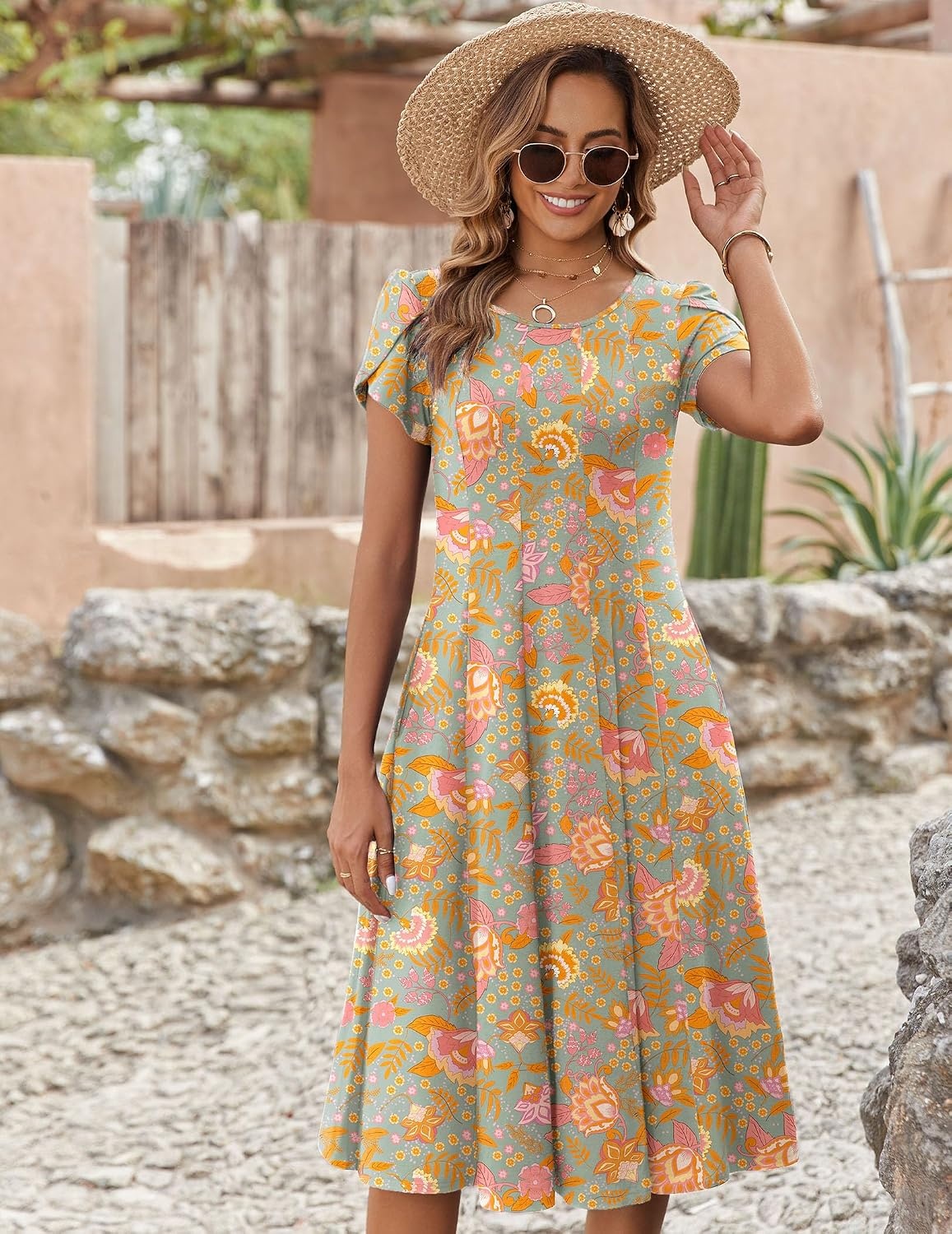 image:imageZEAGOO Womens Casual Dresses for Summer Short Sleeve Flare Midi Dress Loose Flowy Beach SundressGreygreen