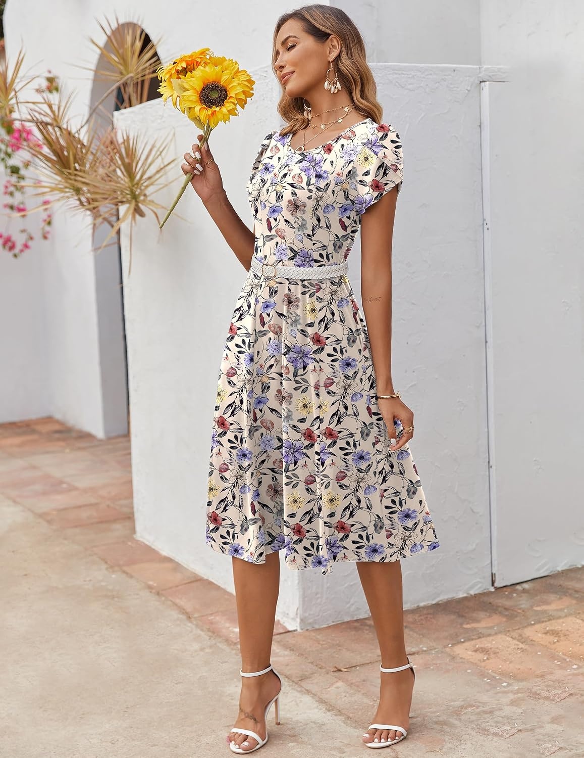 image:imageZEAGOO Womens Casual Dresses for Summer Short Sleeve Flare Midi Dress Loose Flowy Beach SundressIvory Floral 01
