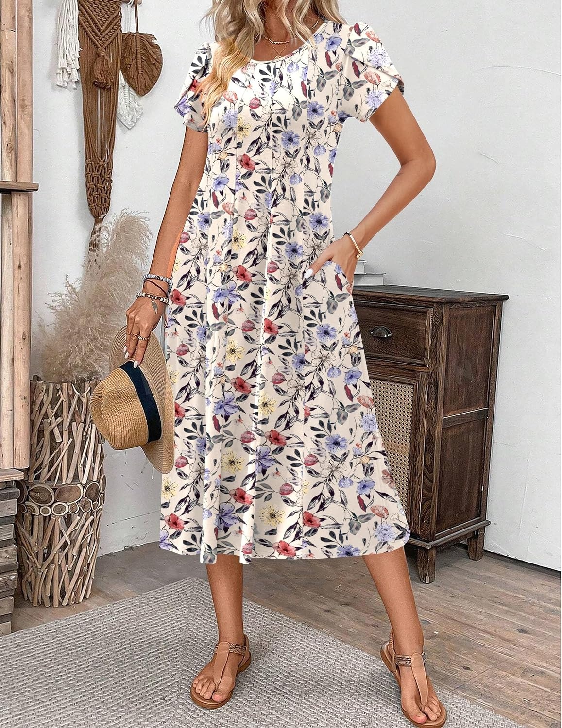image:imageZEAGOO Womens Casual Dresses for Summer Short Sleeve Flare Midi Dress Loose Flowy Beach SundressIvory Floral 01
