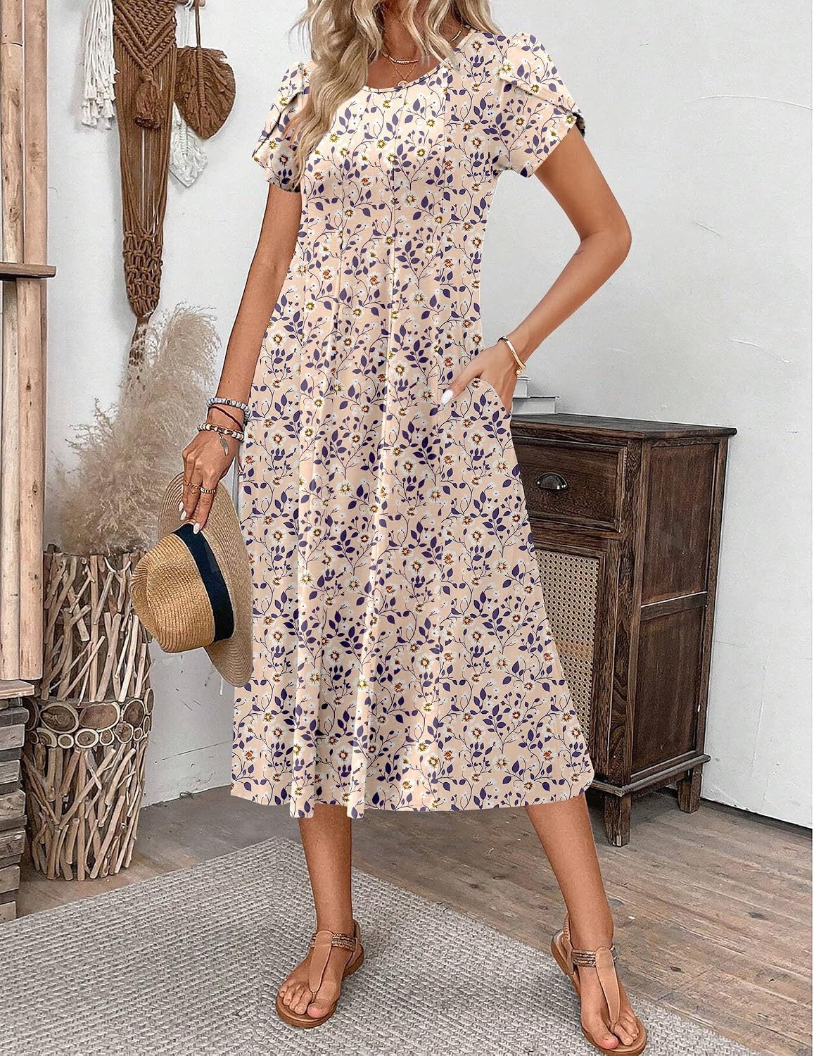 image:imageZEAGOO Womens Casual Dresses for Summer Short Sleeve Flare Midi Dress Loose Flowy Beach SundressIvory Floral 02