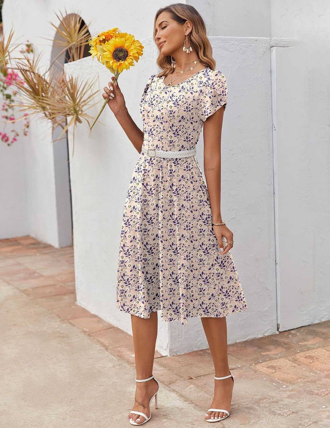 image:imageZEAGOO Womens Casual Dresses for Summer Short Sleeve Flare Midi Dress Loose Flowy Beach SundressIvory Floral 02