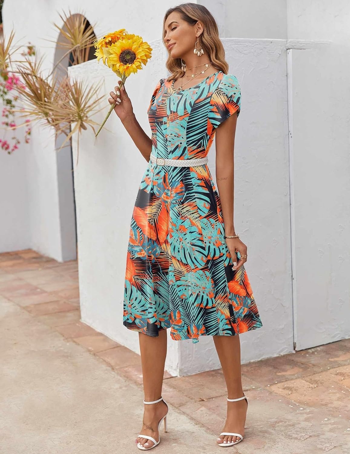 image:imageZEAGOO Womens Casual Dresses for Summer Short Sleeve Flare Midi Dress Loose Flowy Beach SundressLeaf Print