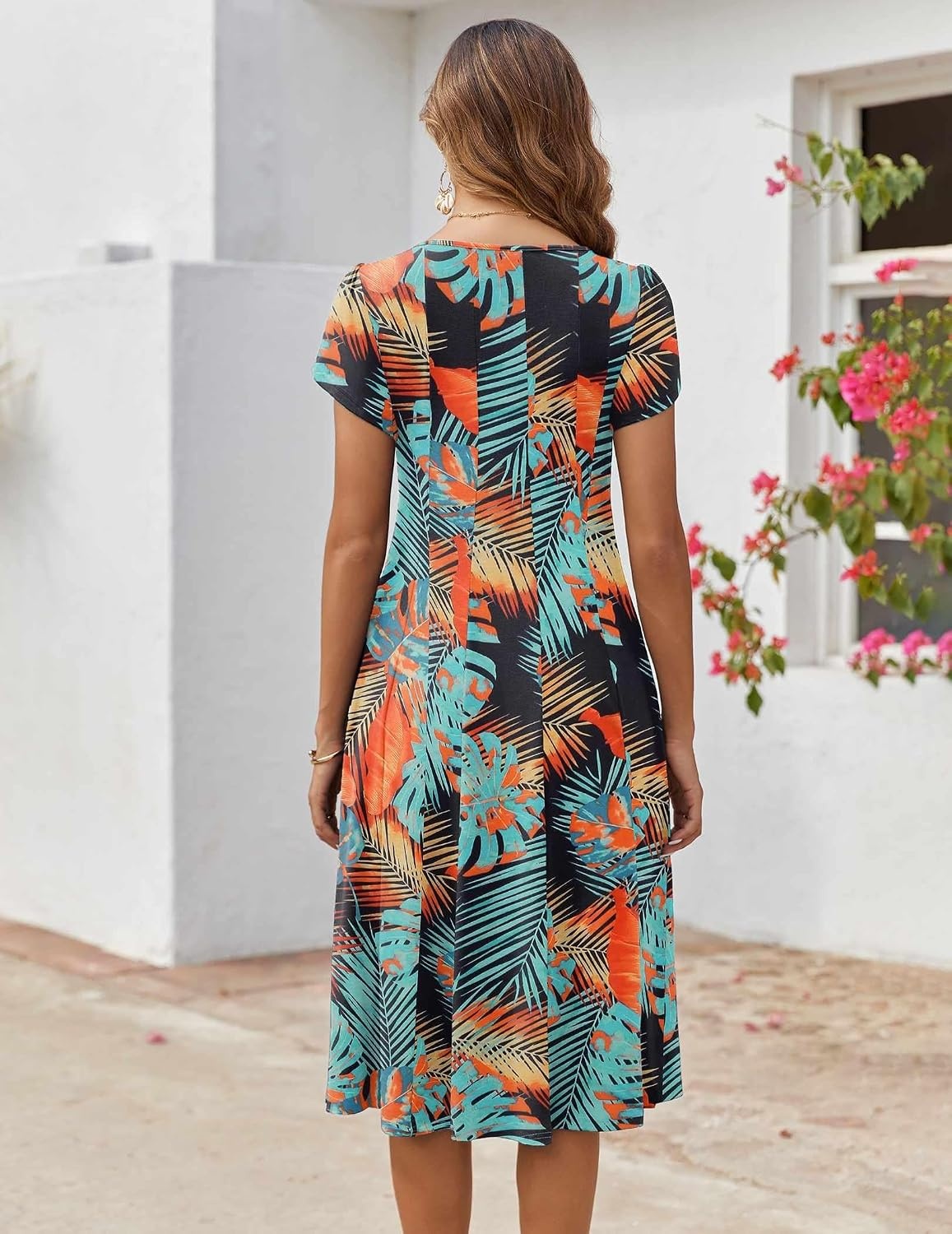 image:imageZEAGOO Womens Casual Dresses for Summer Short Sleeve Flare Midi Dress Loose Flowy Beach SundressLeaf Print
