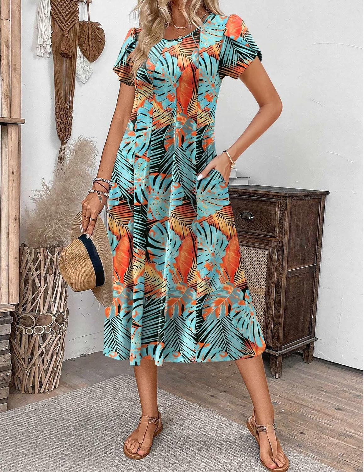 image:imageZEAGOO Womens Casual Dresses for Summer Short Sleeve Flare Midi Dress Loose Flowy Beach SundressLeaf Print