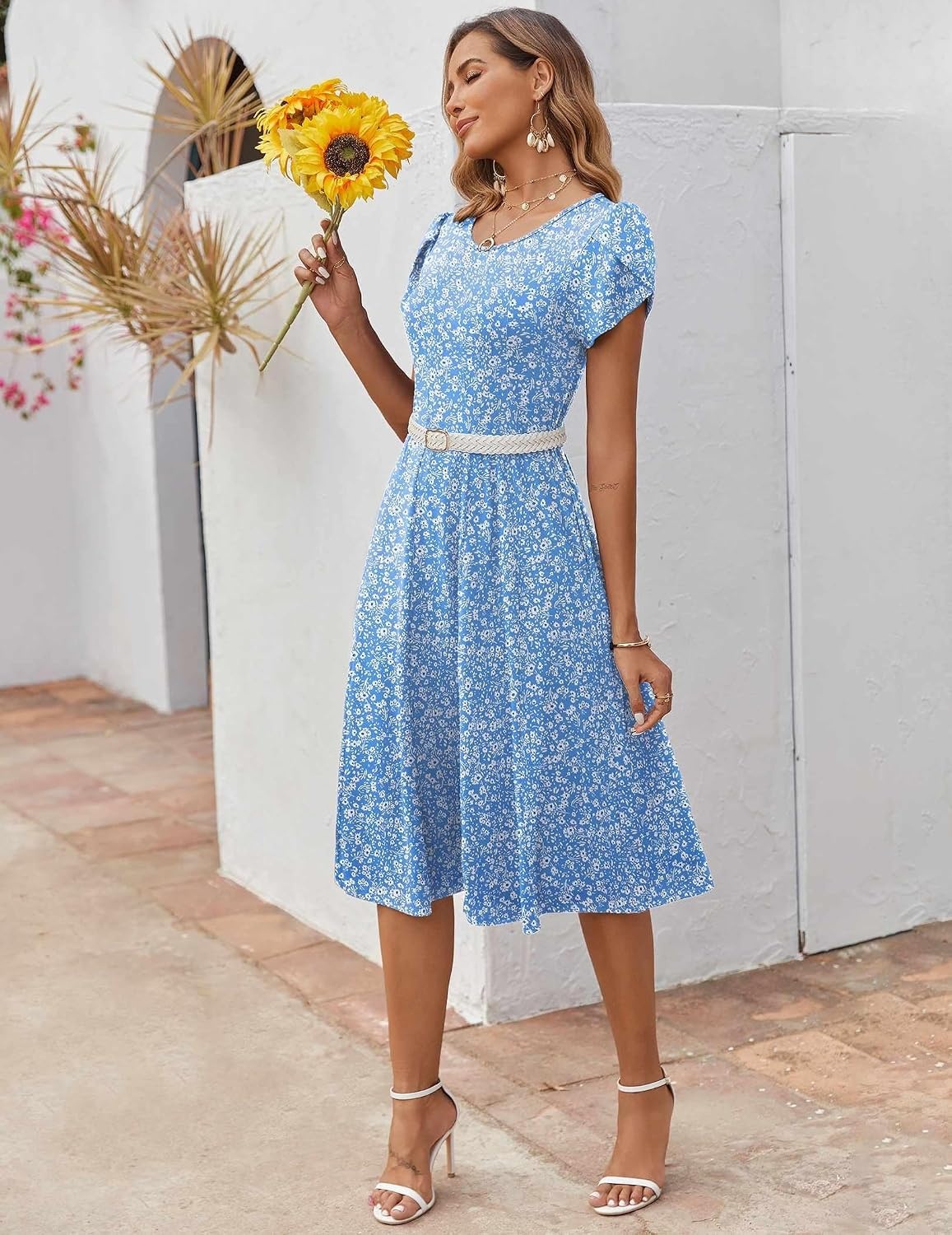 image:imageZEAGOO Womens Casual Dresses for Summer Short Sleeve Flare Midi Dress Loose Flowy Beach SundressLight Blue Floral