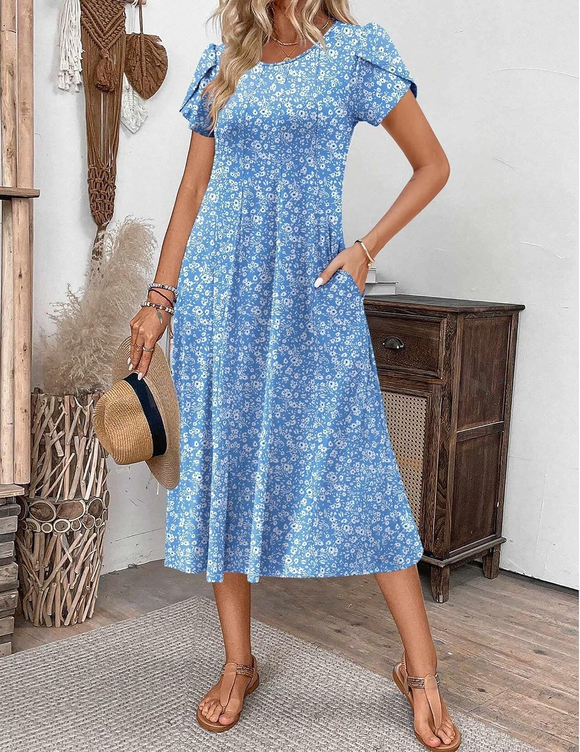 image:imageZEAGOO Womens Casual Dresses for Summer Short Sleeve Flare Midi Dress Loose Flowy Beach SundressLight Blue Floral