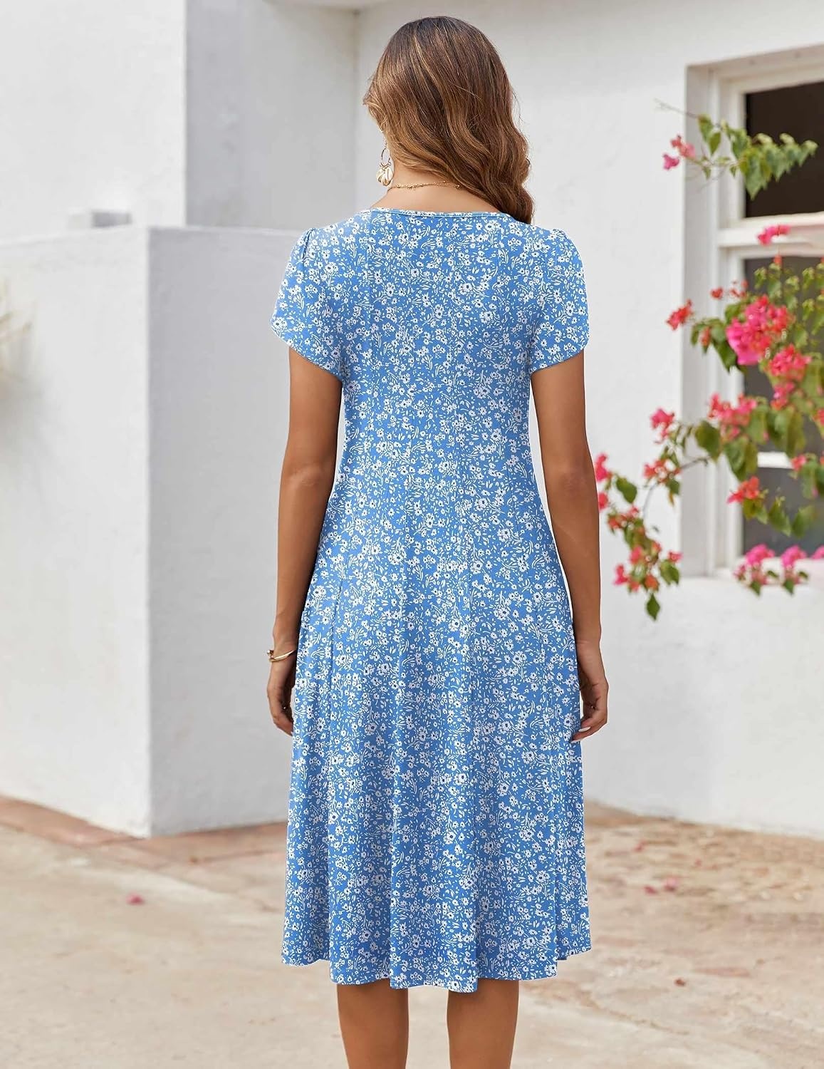 image:imageZEAGOO Womens Casual Dresses for Summer Short Sleeve Flare Midi Dress Loose Flowy Beach SundressLight Blue Floral