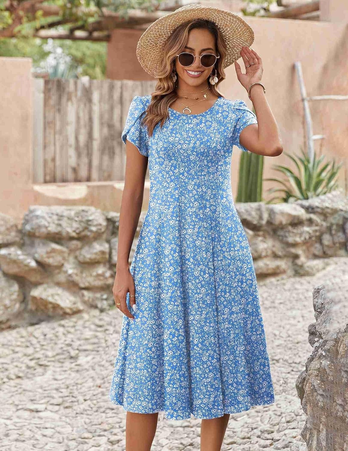 image:imageZEAGOO Womens Casual Dresses for Summer Short Sleeve Flare Midi Dress Loose Flowy Beach SundressLight Blue Floral