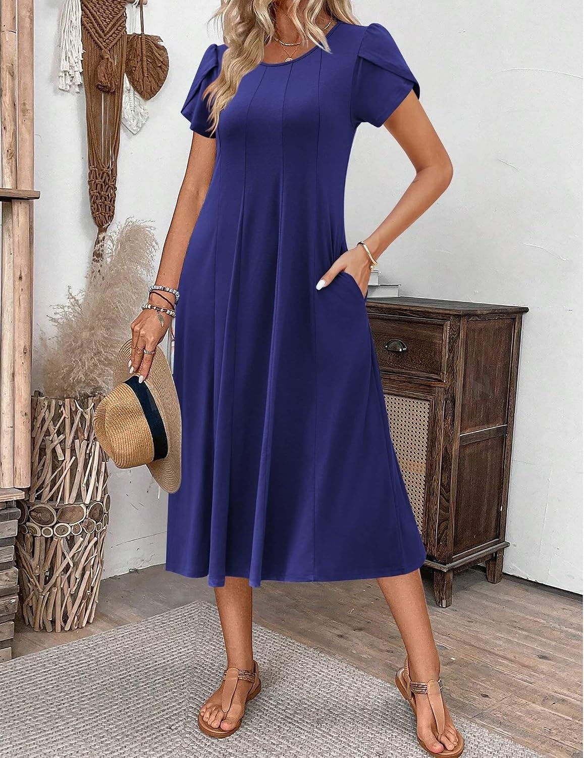 image:imageZEAGOO Womens Casual Dresses for Summer Short Sleeve Flare Midi Dress Loose Flowy Beach SundressNavy Blue