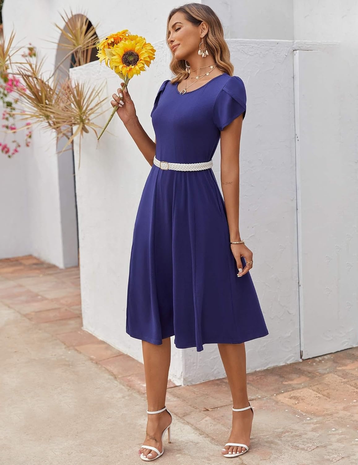 image:imageZEAGOO Womens Casual Dresses for Summer Short Sleeve Flare Midi Dress Loose Flowy Beach SundressNavy Blue