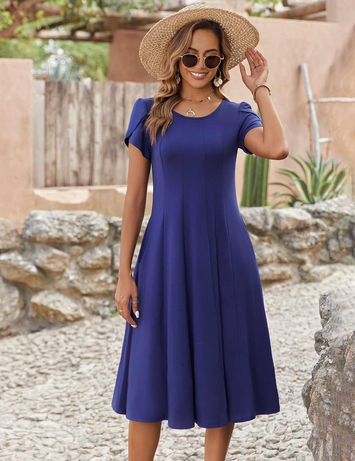 image:imageZEAGOO Womens Casual Dresses for Summer Short Sleeve Flare Midi Dress Loose Flowy Beach SundressNavy Blue