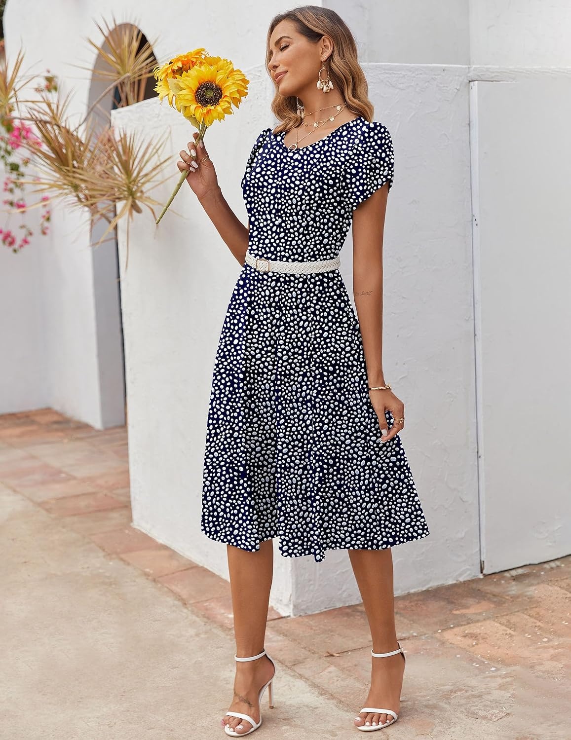 image:imageZEAGOO Womens Casual Dresses for Summer Short Sleeve Flare Midi Dress Loose Flowy Beach SundressNavy Dot