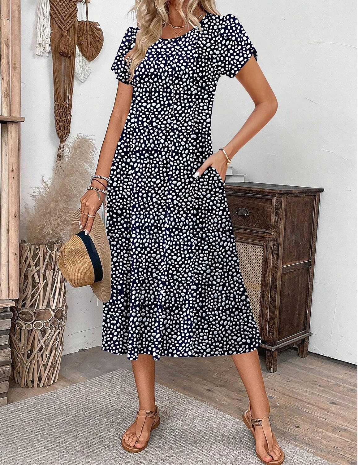 image:imageZEAGOO Womens Casual Dresses for Summer Short Sleeve Flare Midi Dress Loose Flowy Beach SundressNavy Dot