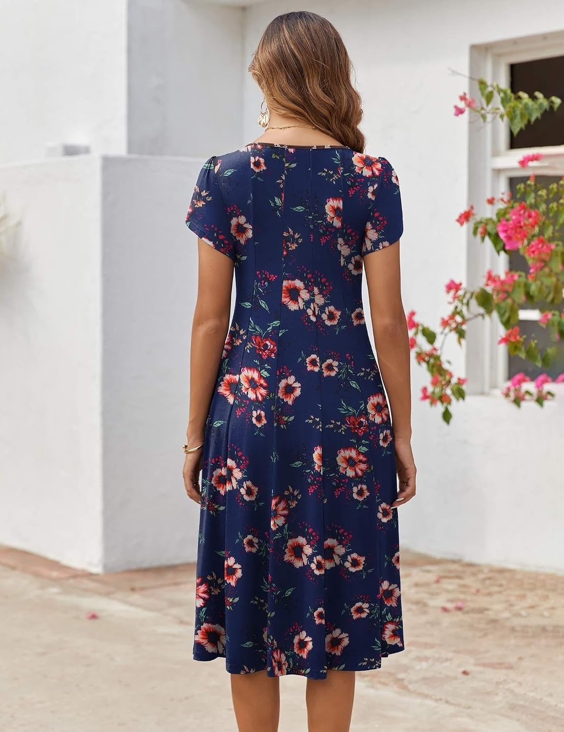 image:imageZEAGOO Womens Casual Dresses for Summer Short Sleeve Flare Midi Dress Loose Flowy Beach SundressNavy Flower