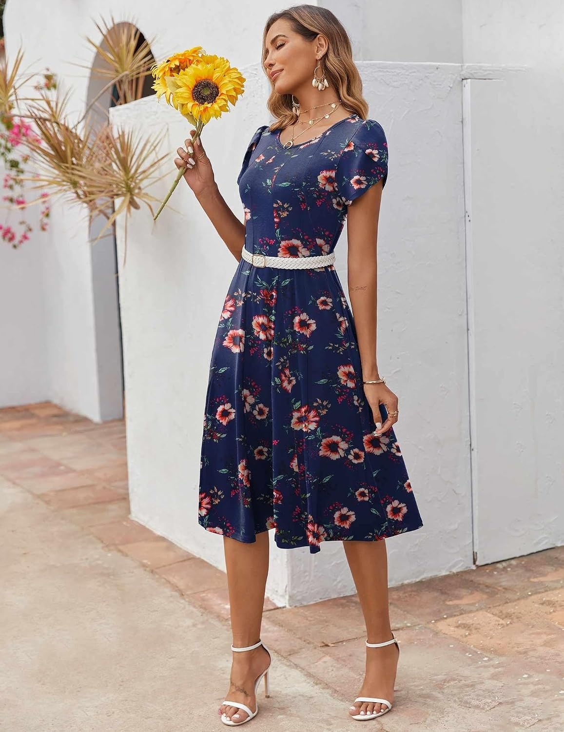 image:imageZEAGOO Womens Casual Dresses for Summer Short Sleeve Flare Midi Dress Loose Flowy Beach SundressNavy Flower