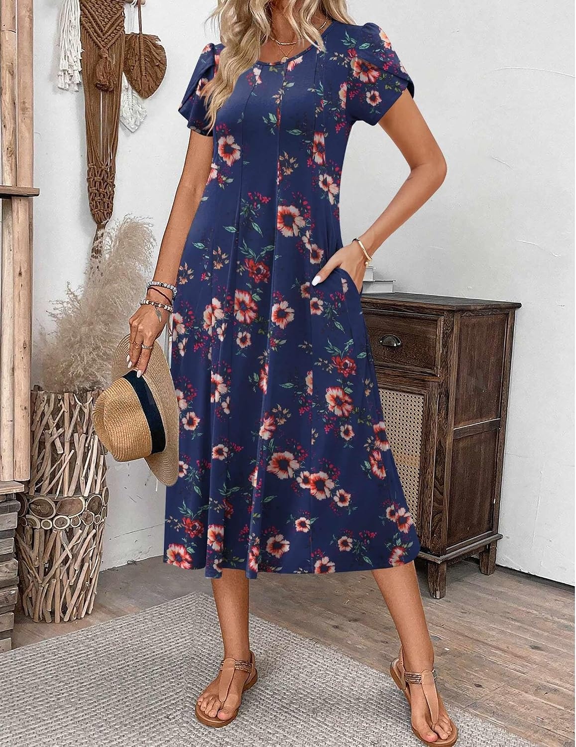 image:imageZEAGOO Womens Casual Dresses for Summer Short Sleeve Flare Midi Dress Loose Flowy Beach SundressNavy Flower