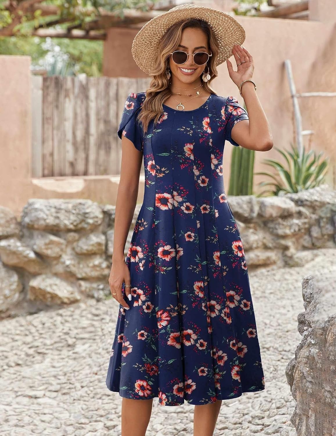 image:imageZEAGOO Womens Casual Dresses for Summer Short Sleeve Flare Midi Dress Loose Flowy Beach SundressNavy Flower