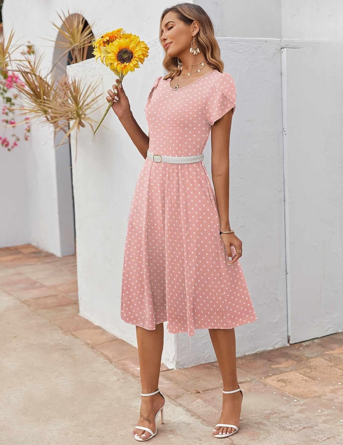 image:imageZEAGOO Womens Casual Dresses for Summer Short Sleeve Flare Midi Dress Loose Flowy Beach SundressPink Dot