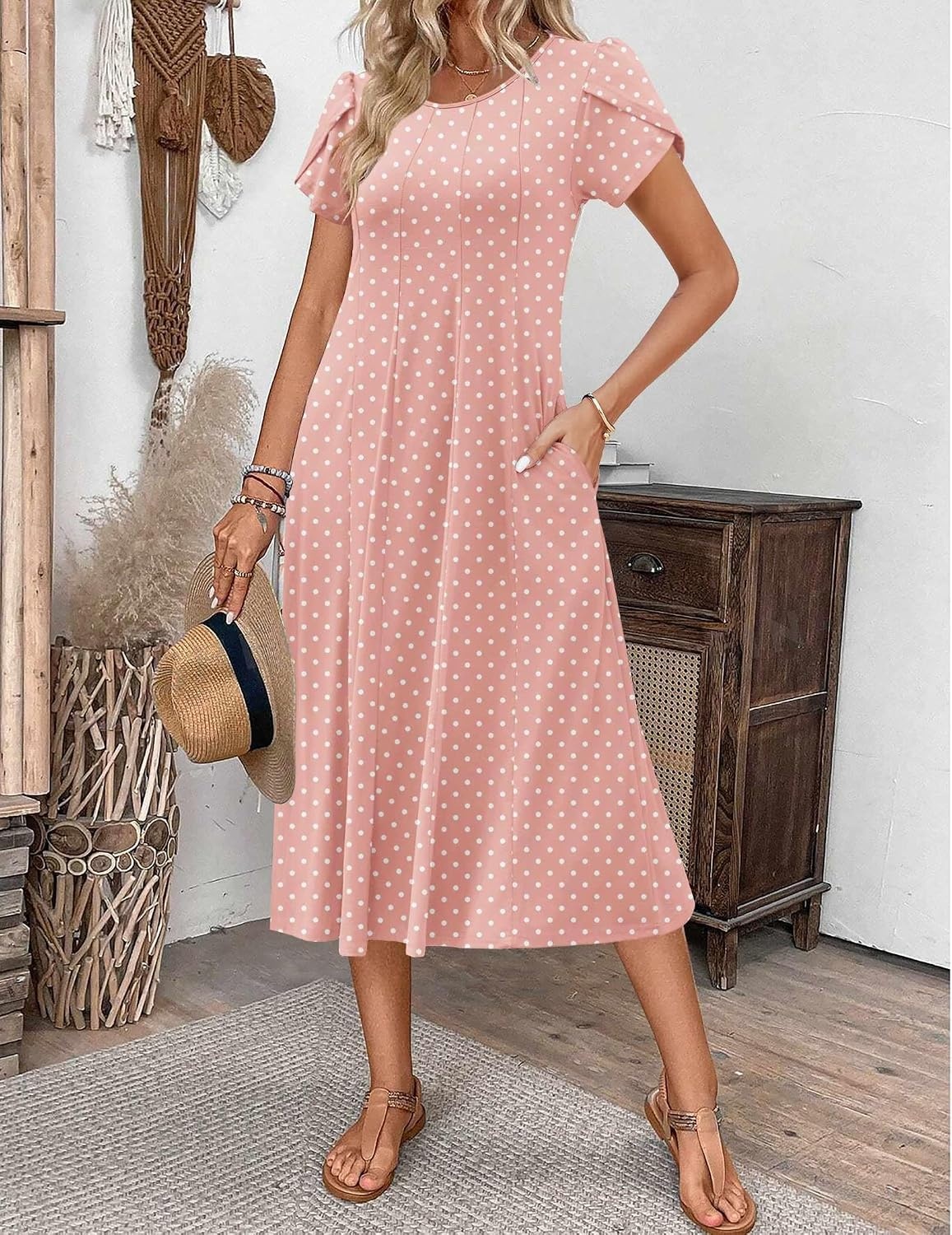 image:imageZEAGOO Womens Casual Dresses for Summer Short Sleeve Flare Midi Dress Loose Flowy Beach SundressPink Dot