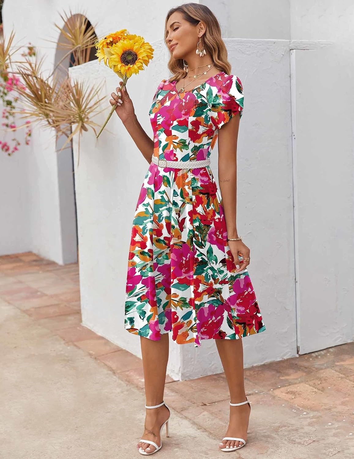 image:imageZEAGOO Womens Casual Dresses for Summer Short Sleeve Flare Midi Dress Loose Flowy Beach SundressPink Floral