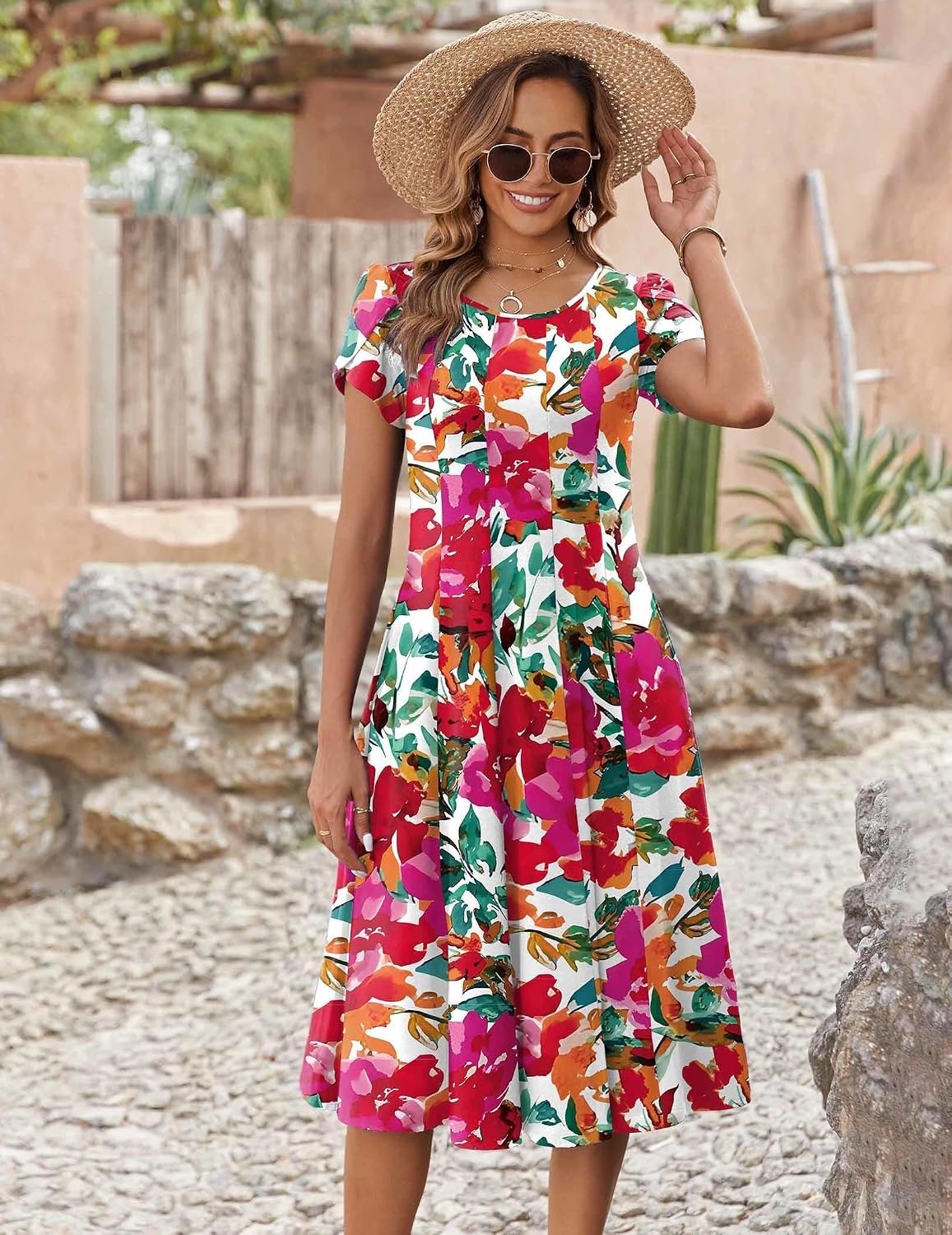 image:imageZEAGOO Womens Casual Dresses for Summer Short Sleeve Flare Midi Dress Loose Flowy Beach SundressPink Floral