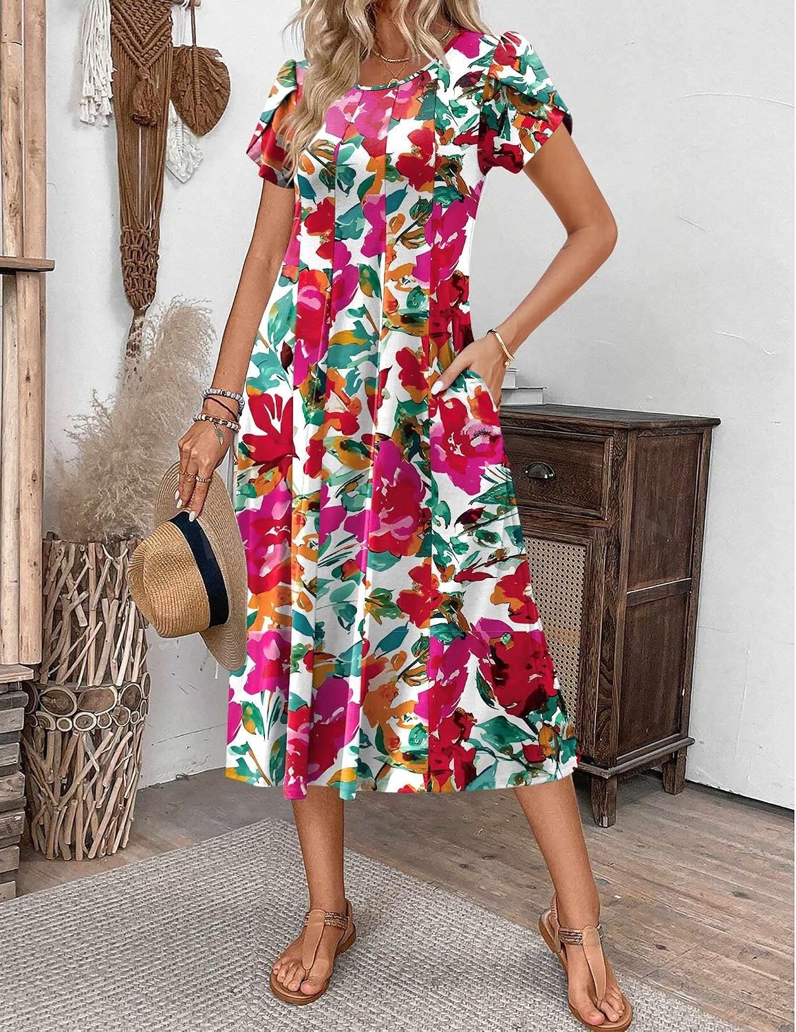 image:imageZEAGOO Womens Casual Dresses for Summer Short Sleeve Flare Midi Dress Loose Flowy Beach SundressPink Floral