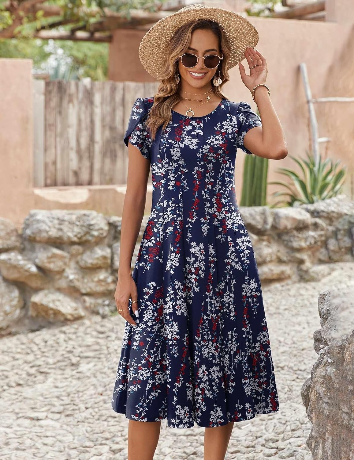 image:imageZEAGOO Womens Casual Dresses for Summer Short Sleeve Flare Midi Dress Loose Flowy Beach SundressPurple Floral