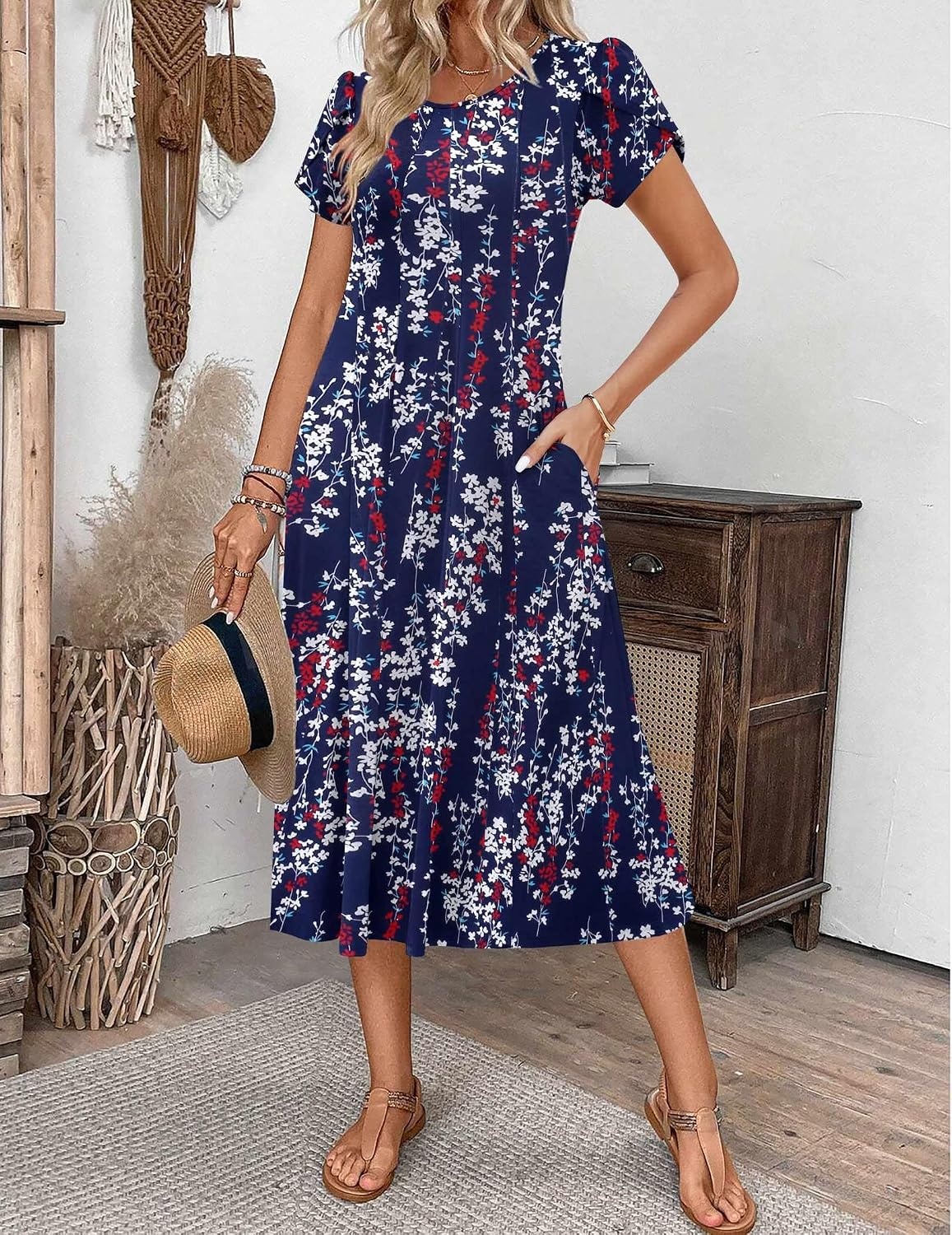 image:imageZEAGOO Womens Casual Dresses for Summer Short Sleeve Flare Midi Dress Loose Flowy Beach SundressPurple Floral