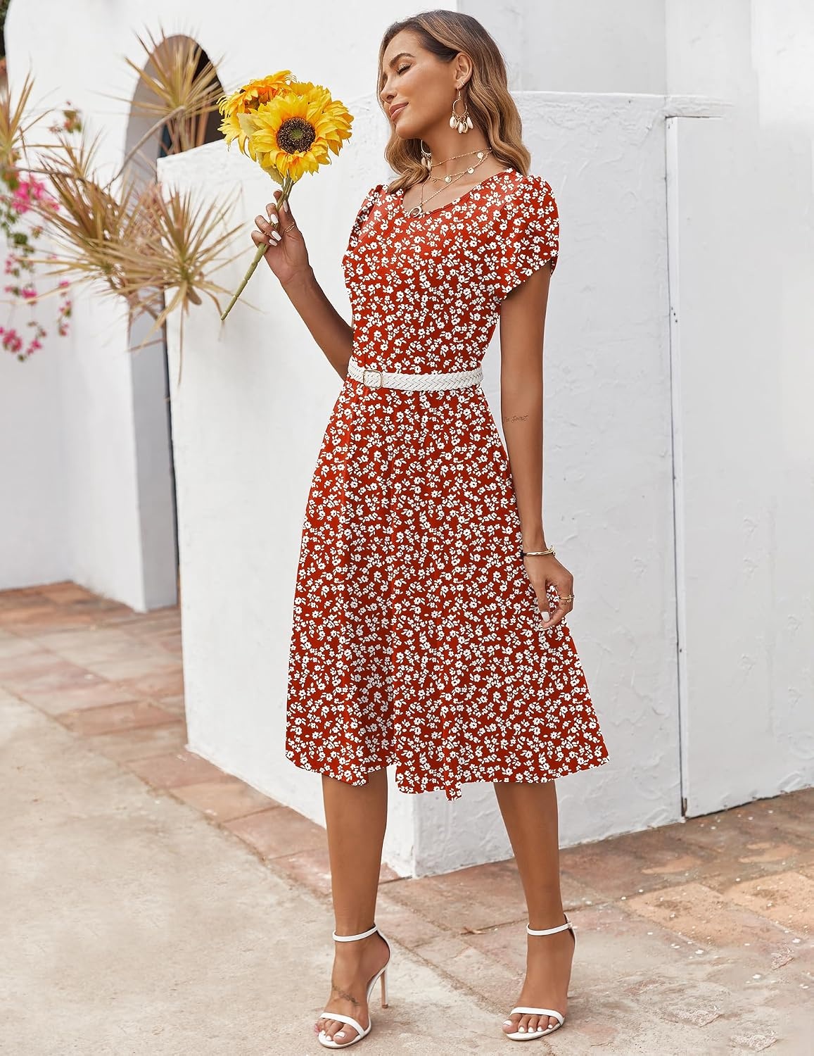 image:imageZEAGOO Womens Casual Dresses for Summer Short Sleeve Flare Midi Dress Loose Flowy Beach SundressRed Floral 02