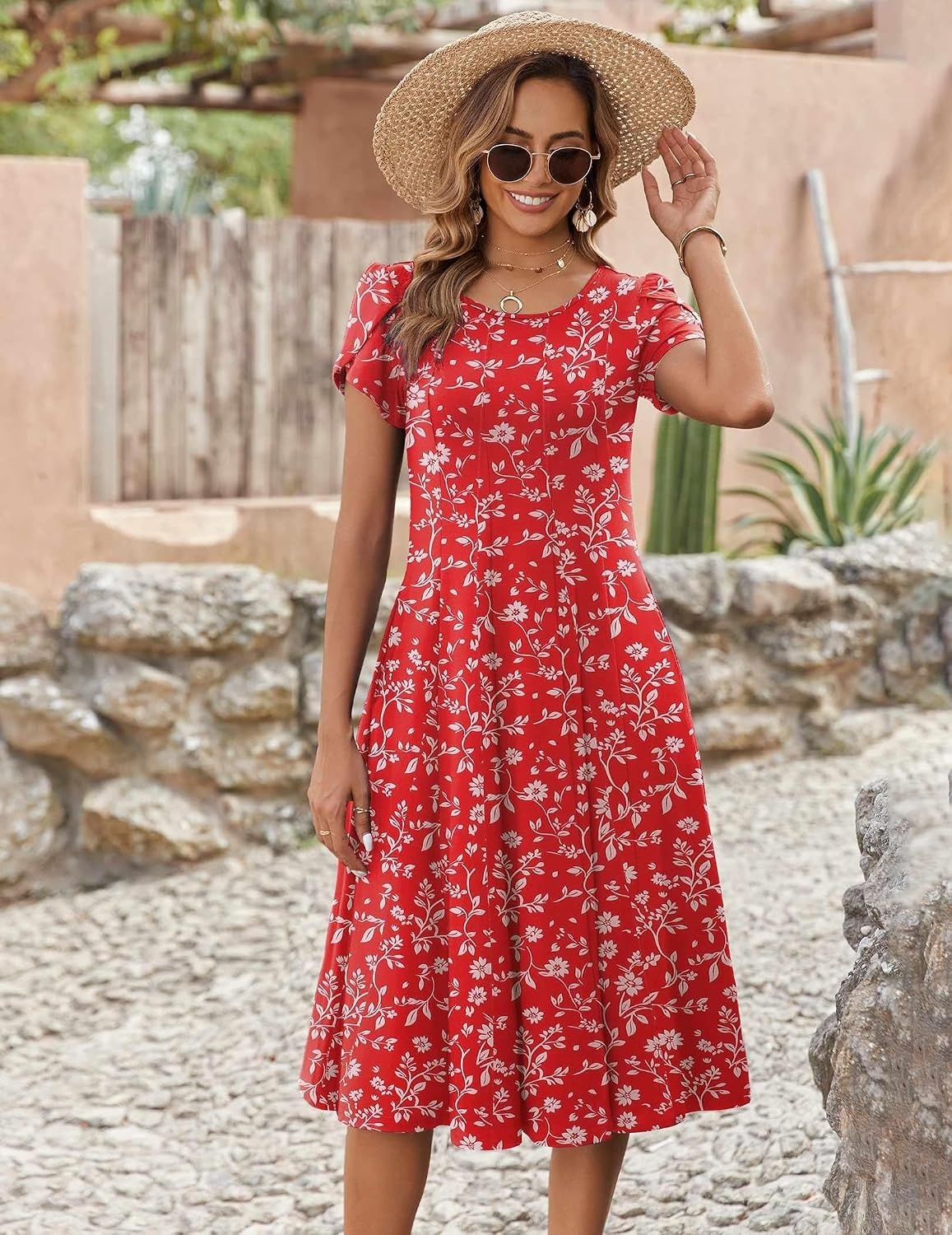image:imageZEAGOO Womens Casual Dresses for Summer Short Sleeve Flare Midi Dress Loose Flowy Beach SundressRed Floral