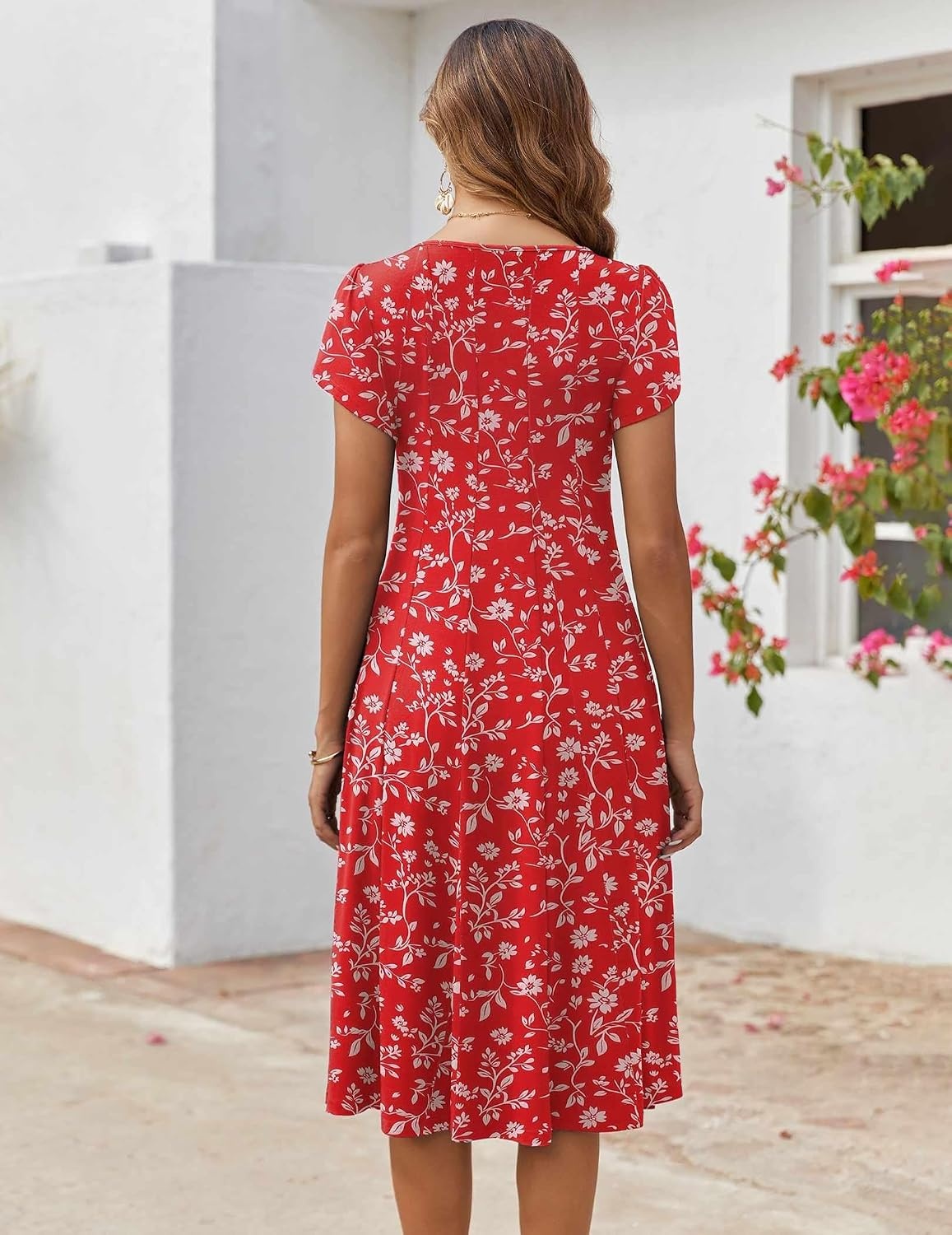 image:imageZEAGOO Womens Casual Dresses for Summer Short Sleeve Flare Midi Dress Loose Flowy Beach SundressRed Floral