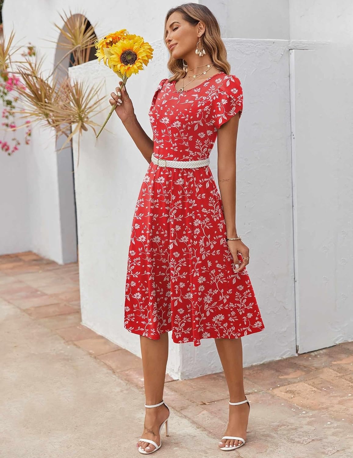 image:imageZEAGOO Womens Casual Dresses for Summer Short Sleeve Flare Midi Dress Loose Flowy Beach SundressRed Floral