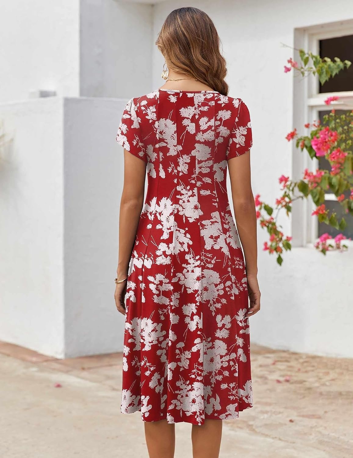 image:imageZEAGOO Womens Casual Dresses for Summer Short Sleeve Flare Midi Dress Loose Flowy Beach SundressRed Flower