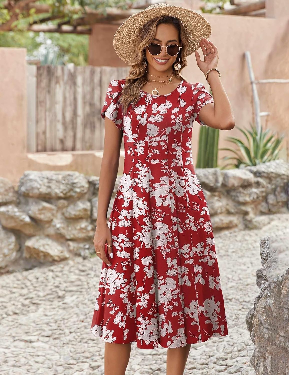 image:imageZEAGOO Womens Casual Dresses for Summer Short Sleeve Flare Midi Dress Loose Flowy Beach SundressRed Flower