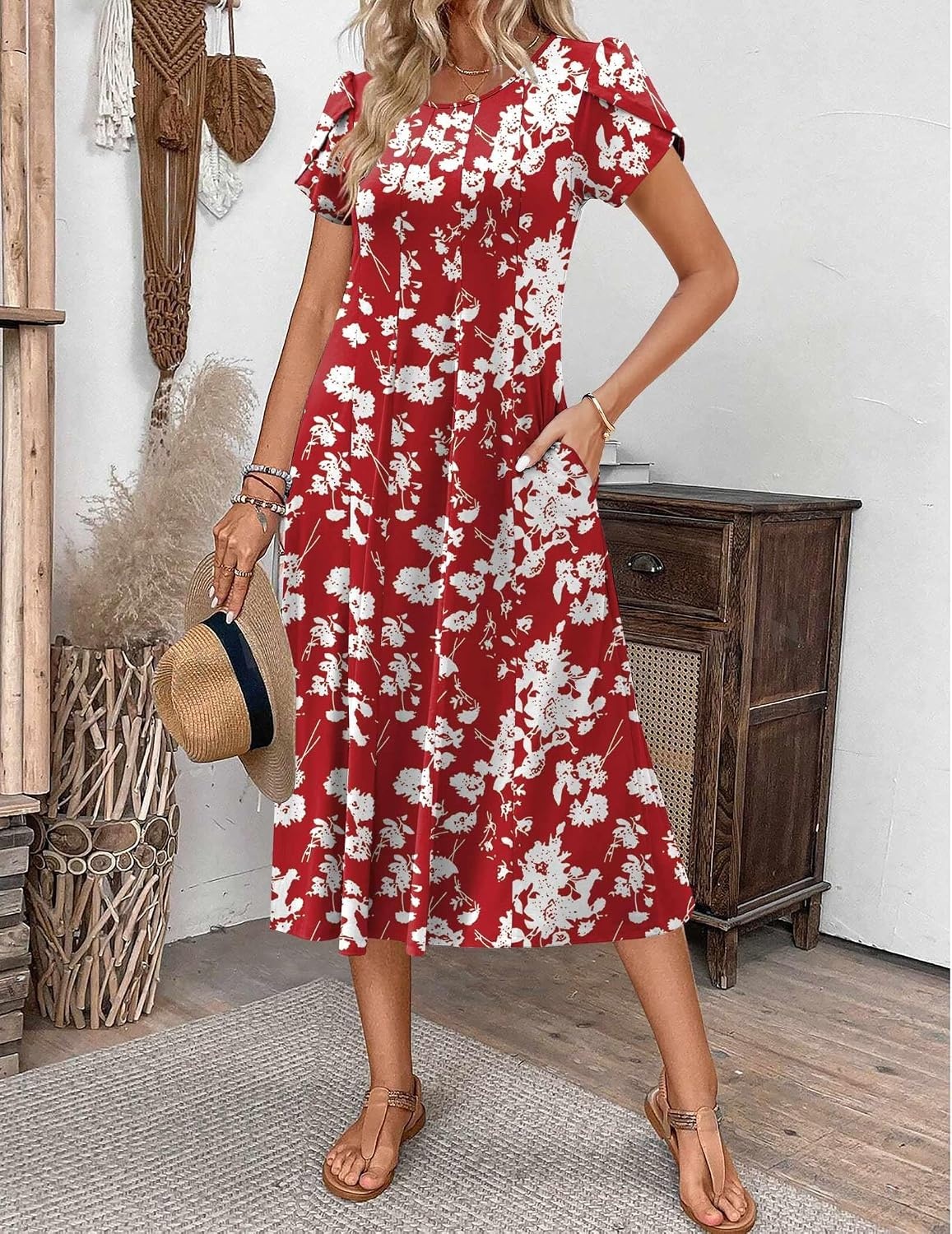 image:imageZEAGOO Womens Casual Dresses for Summer Short Sleeve Flare Midi Dress Loose Flowy Beach SundressRed Flower