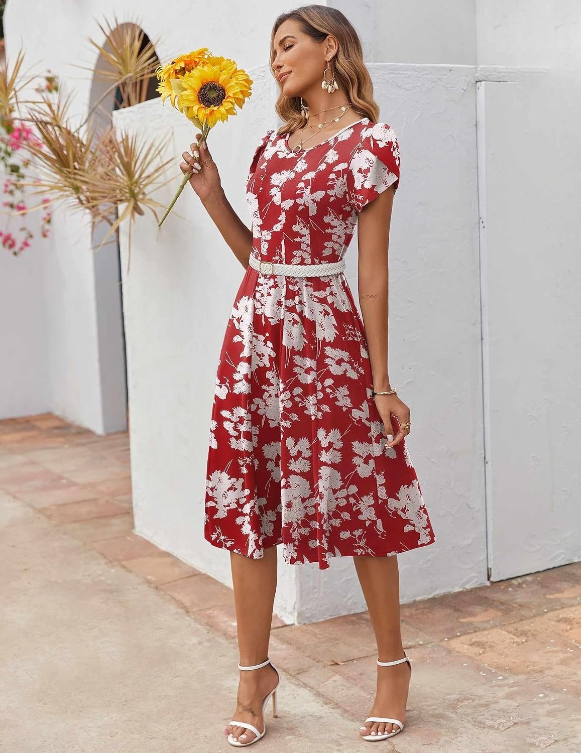 image:imageZEAGOO Womens Casual Dresses for Summer Short Sleeve Flare Midi Dress Loose Flowy Beach SundressRed Flower