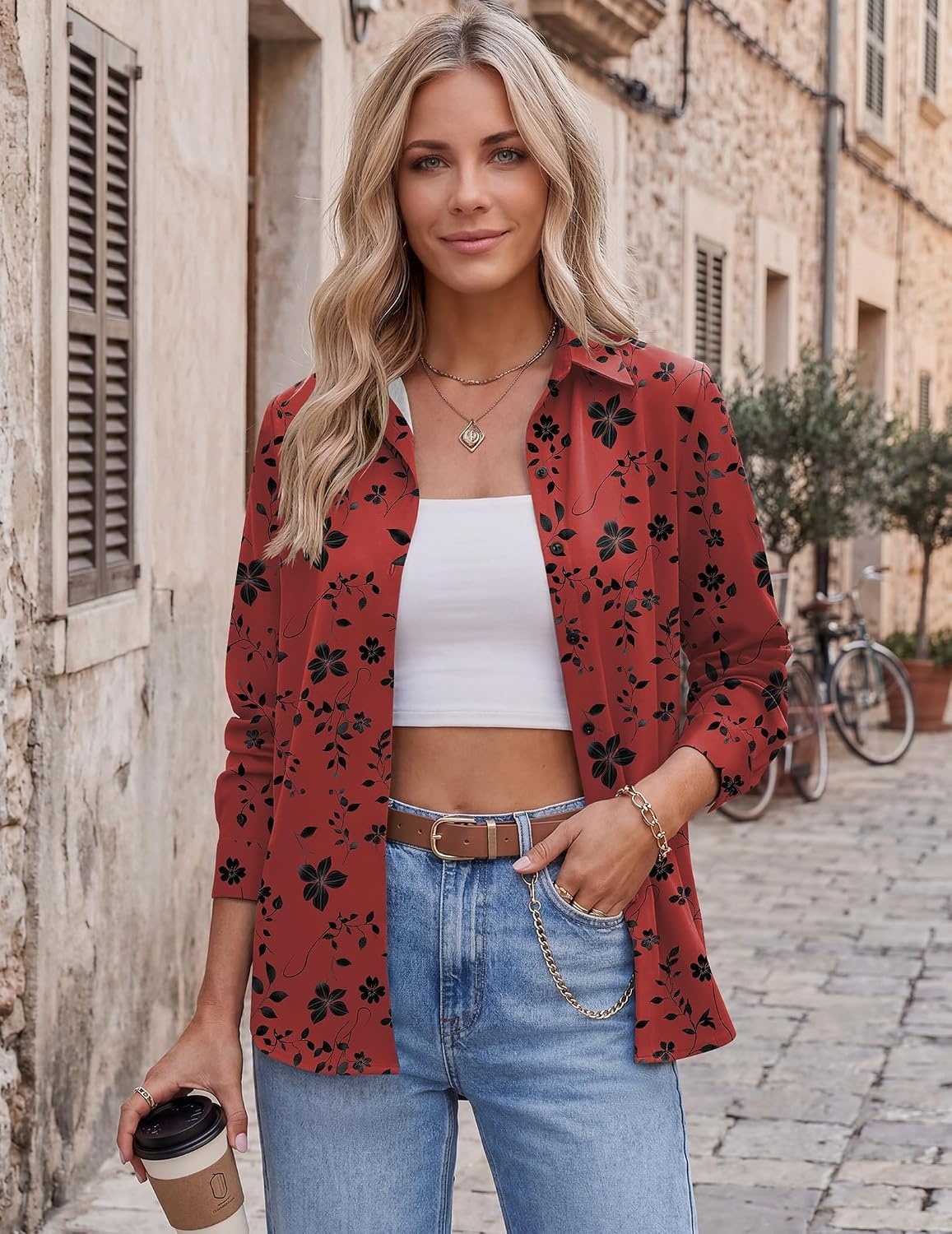 image:imageZeagoo Blouses for Women Dressy Casual Long Sleeve Button Down Shirts TopsFloral Red